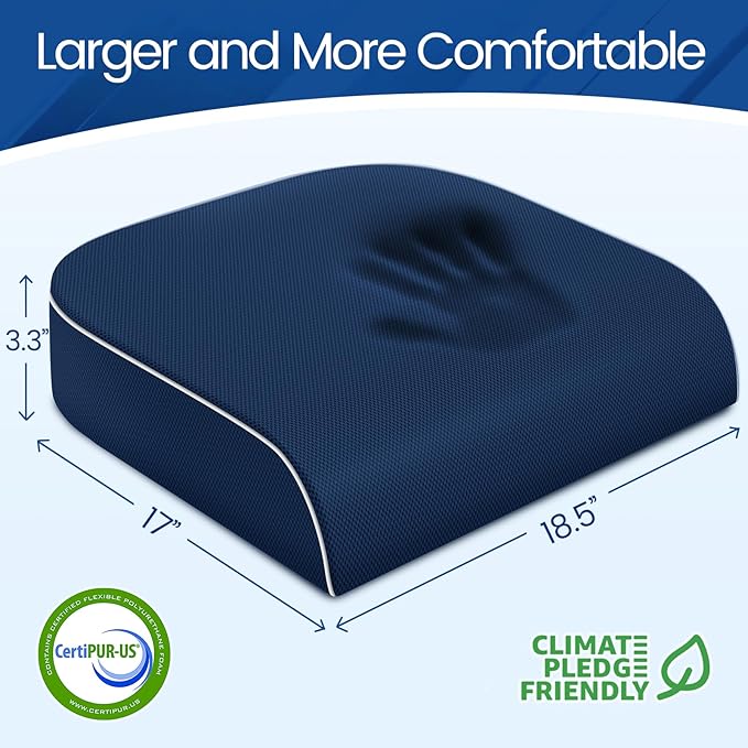 SweetSlubr Seat Cushion for Tailbone Pain Relief, Office Chair Cushion, Memory Foam Large Chair Cushion with Non-Slip Cover for Soft Support at Office Chair, Car Seat, Airplane Dark Blue/X-Large