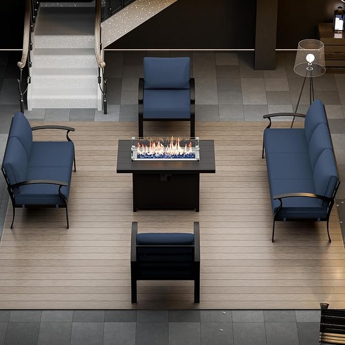 RTDTD Aluminum Outdoor Patio Furniture Set,5 Pieces 7 Seats Patio Conversation Sets with 45" Propane Fire Pit Table,Metal Patio Sectional Furniture Set w/5.1" Cushions,Navy Blue