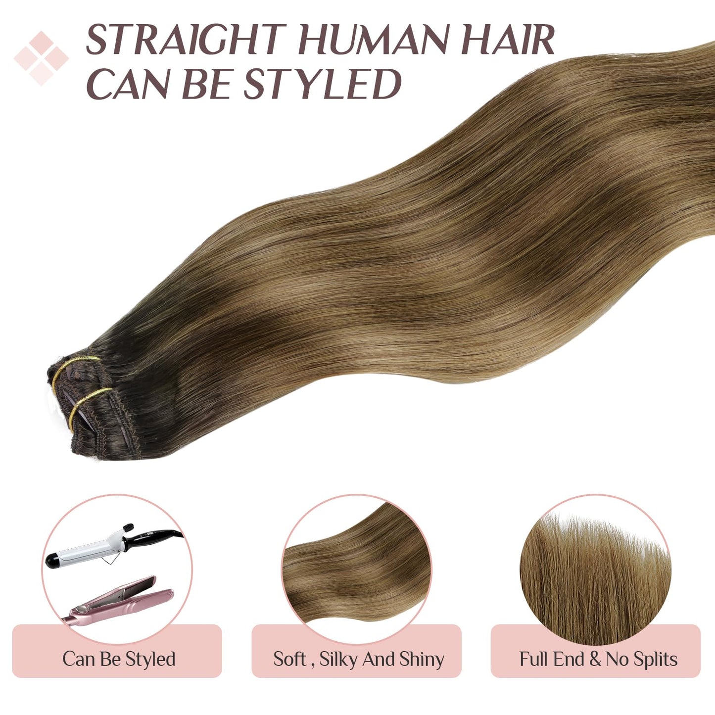 MAXITA Clip in Human Hair Extensions, 7PCS 120g Ash Dark Brown to Light Chestnut Brown, 16 Inch Straight Hair for Women