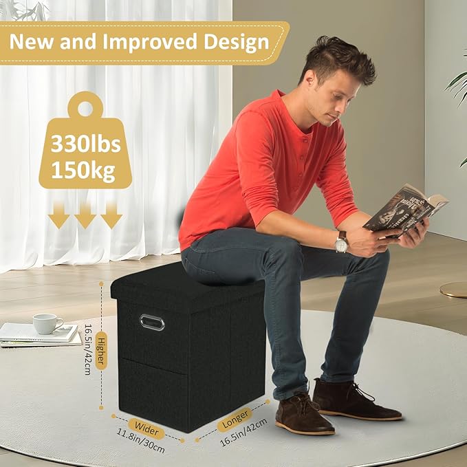 Emosoon Tall Ottoman with Storage Collapsible Fabric Small Slim Folding Ottoman Furniture with Handles Lid for Room Footrest Foot Stool Linen Black 16.5x16.5x11.8in