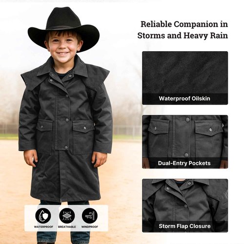 RESISTANCE Unisex Western Oilskin Waterproof Duster Coat, Workwear Kids Rain Coat With Brass Button And Pockets