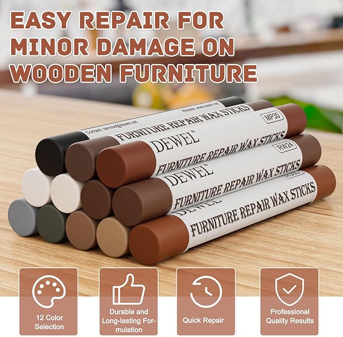 DEWEL Wood Filler Sticks, 12 Colors Wood Crayons for Scratches, Wood Floor Repair Wax Filler Sticks, Furniture Scratch Repair Crayons Kit for Tables, Holes, Scratches