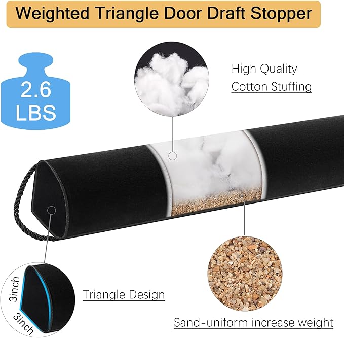 Weighted Door Draft Stopper 36 Inch Triangle Door Snake Blocker Cold Air Noise Light Under Door Sweep Weather Stripping Door Seal More Fits 0 to 3" Large Door Gaps,Quick Install Black