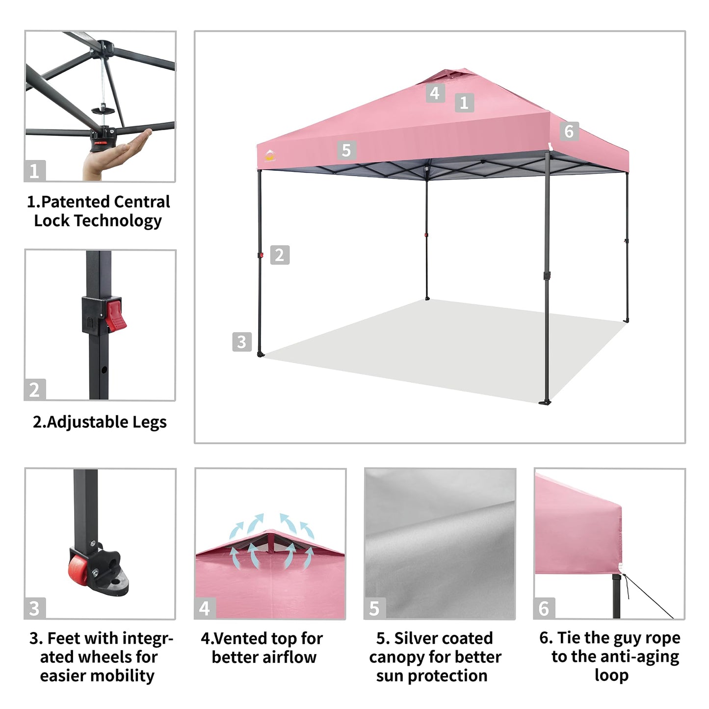 CROWN SHADES 10x10 Pop Up Canopy Tent - Patented Center Lock One Push Instant Outdoor Canopy Beach Tent with STO-N-Go Bag 8 Stakes & 4 Sand Bags，Pink