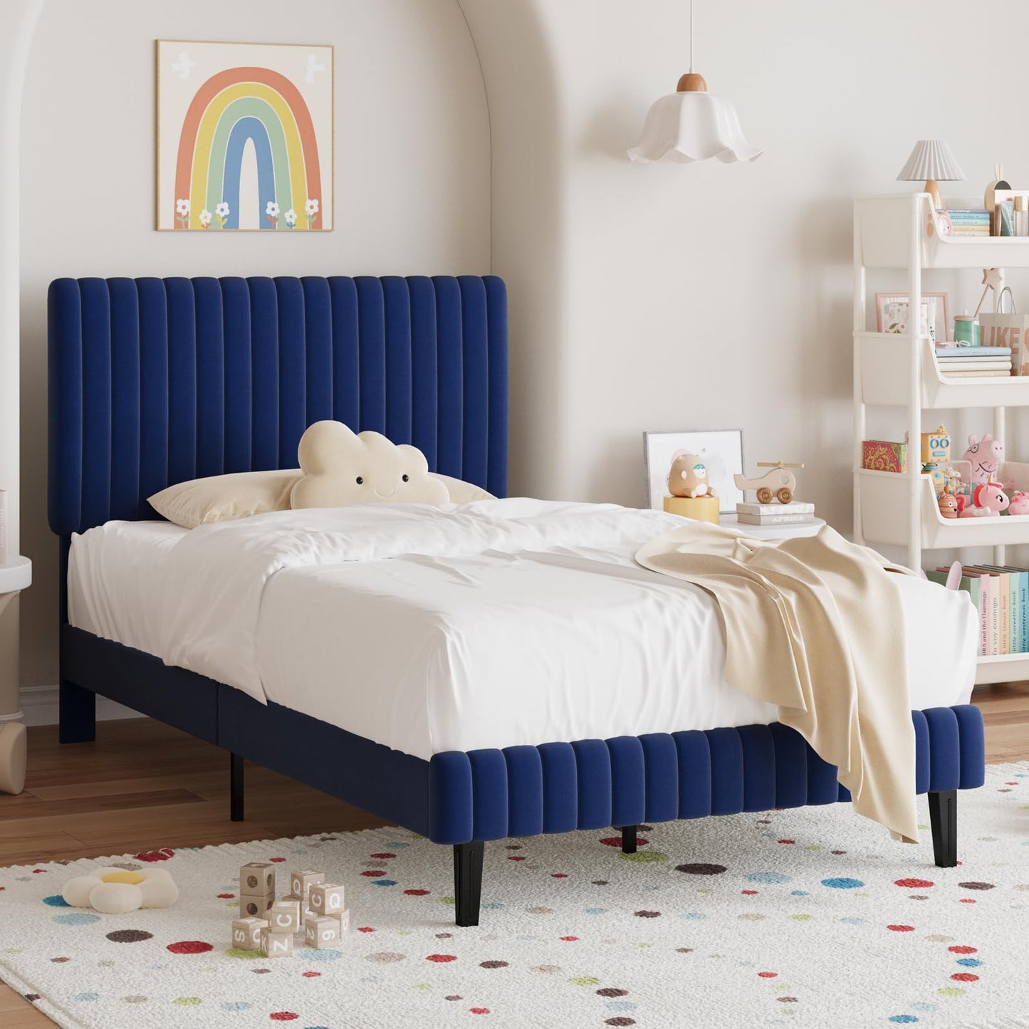 Twin Bed Frame, Velvet Upholstered Platform Bed with Vertical Channel Tufted Headboard and Footboard, No Box Spring Required, Easy Assembly, Blue