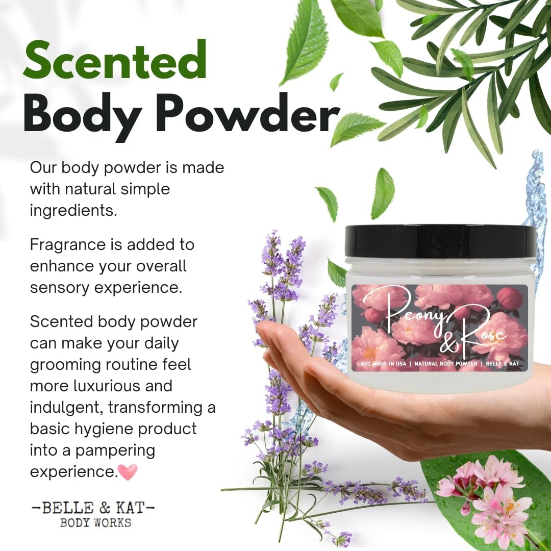 Body Powder for Men & Women Scented Peony & Rose, Bath Perfume Dusting Powder with Fragrance & Essential Oils, Talc Free 8oz Container, Made in USA
