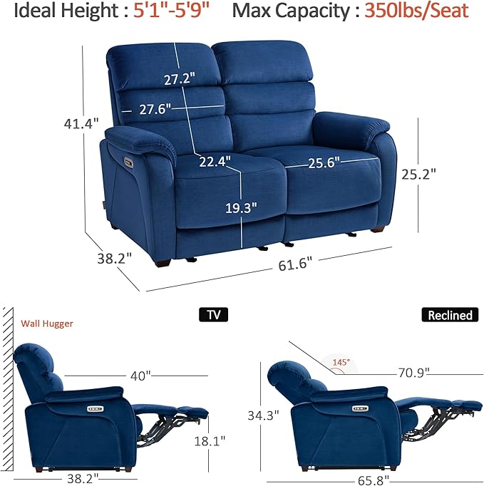MCombo 61.6'' Wall Hugger Power Loveseat Recliner, Reclining Loveseat with Adjustable Headrest, USB Charge Ports, Wood Legs for Living Room, RVs, Small Spaces, Fabric ST258M1 (Loveseat, Navy Blue)