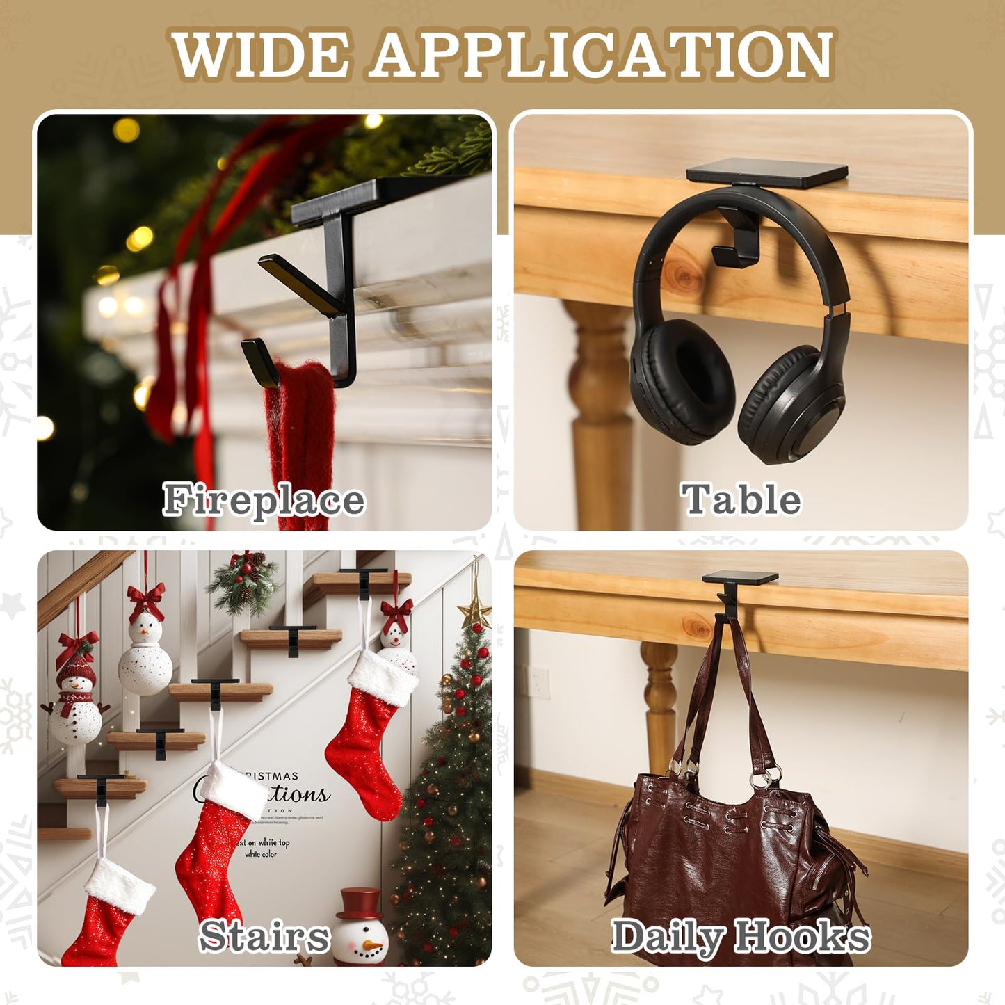 MorningRo 3 Pack 2 in 1 Fireplace Garland and Stocking Hangers Heavy Duty Metal Christmas Stocking Holder for Mantle Headphone Backpack Hooks for Fireplace Tabletop Xmas Decoration (Black)