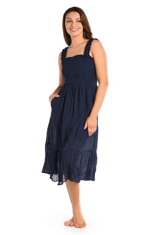 La Blanca Women's Midi Dress Swimsuit Cover Up, Indigo//Shadow Stripe, Large