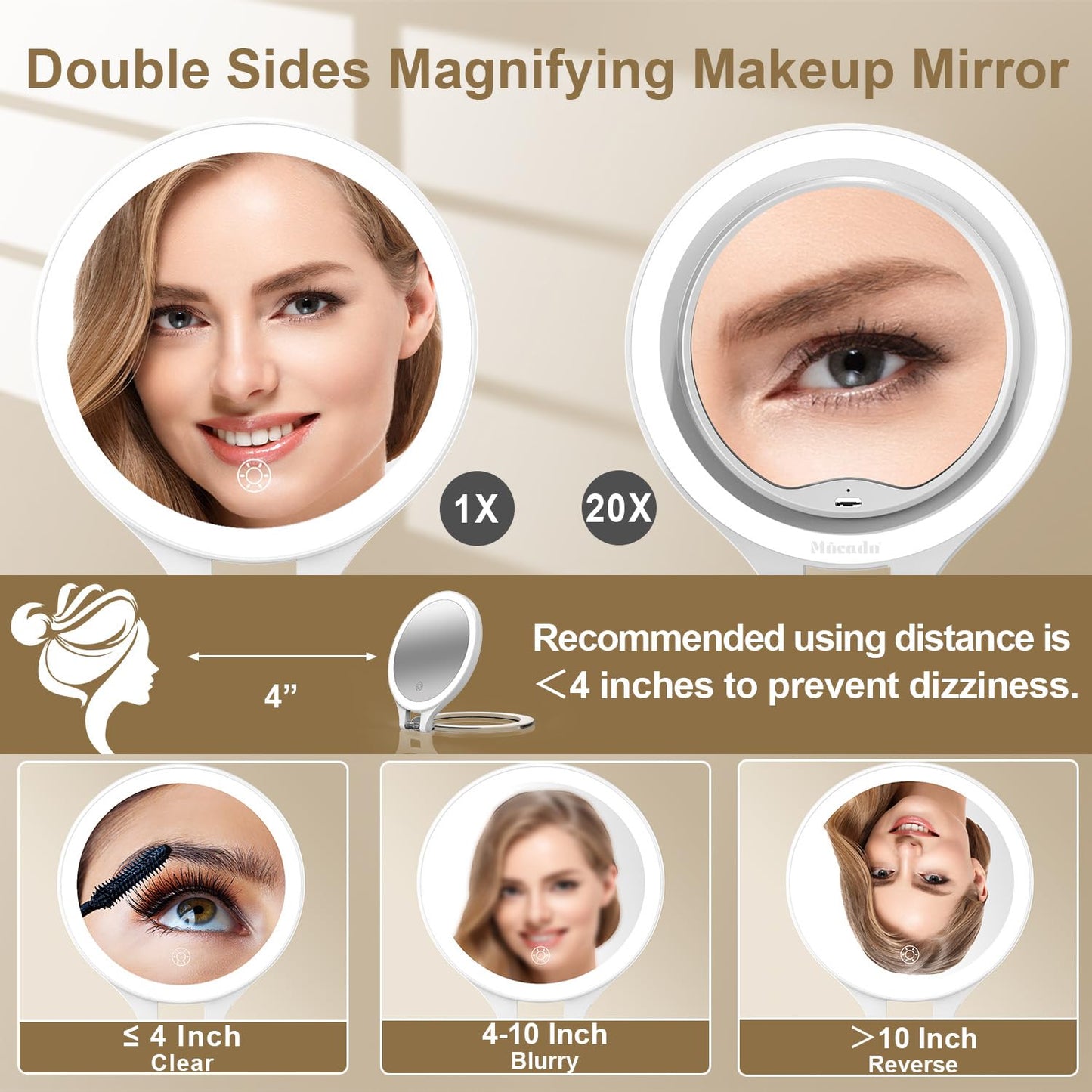 Mocado Travel Makeup Mirror with Light, 1X/20X Magnifying Mirror with Light, Double Sides Travel Mirror with 3 Color Light, Dimm