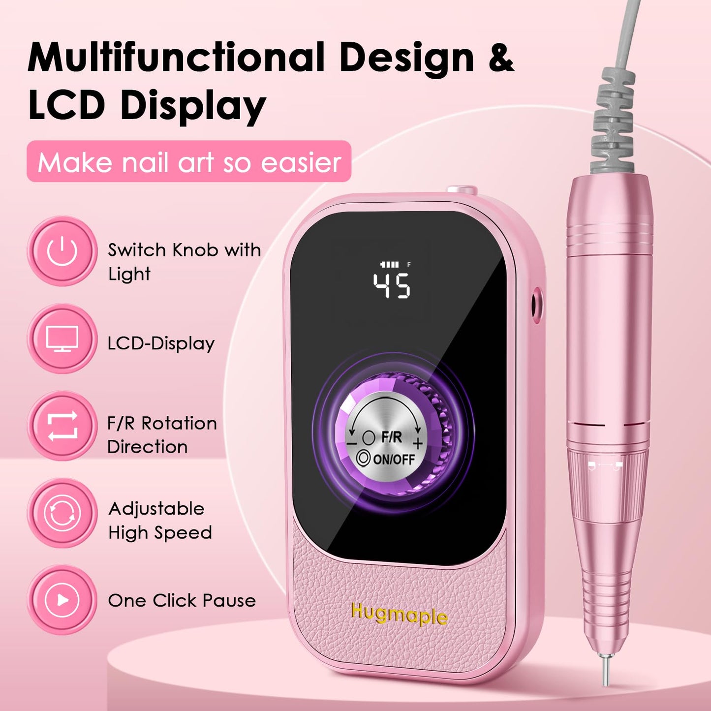 Professional Electric Nail Drill File, HUGMAPLE 45000RPM Portable E-File Machine with Bits & Base, Rechargeable Cordless Nail Dr