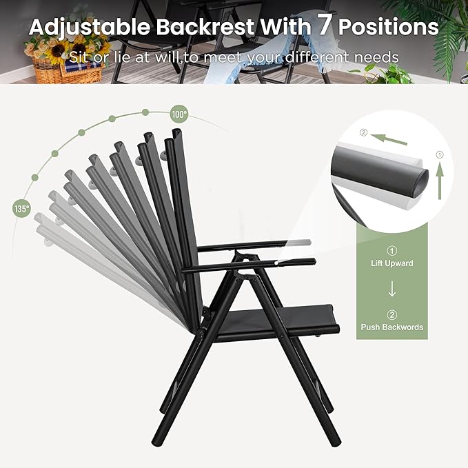 PHI VILLA Outdoor Patio Folding Chairs Set of 6, Portable Patio Dining Chairs with Adjustable Backrest for Outside, Garden, Lawn & Yard, No Assembly, Black