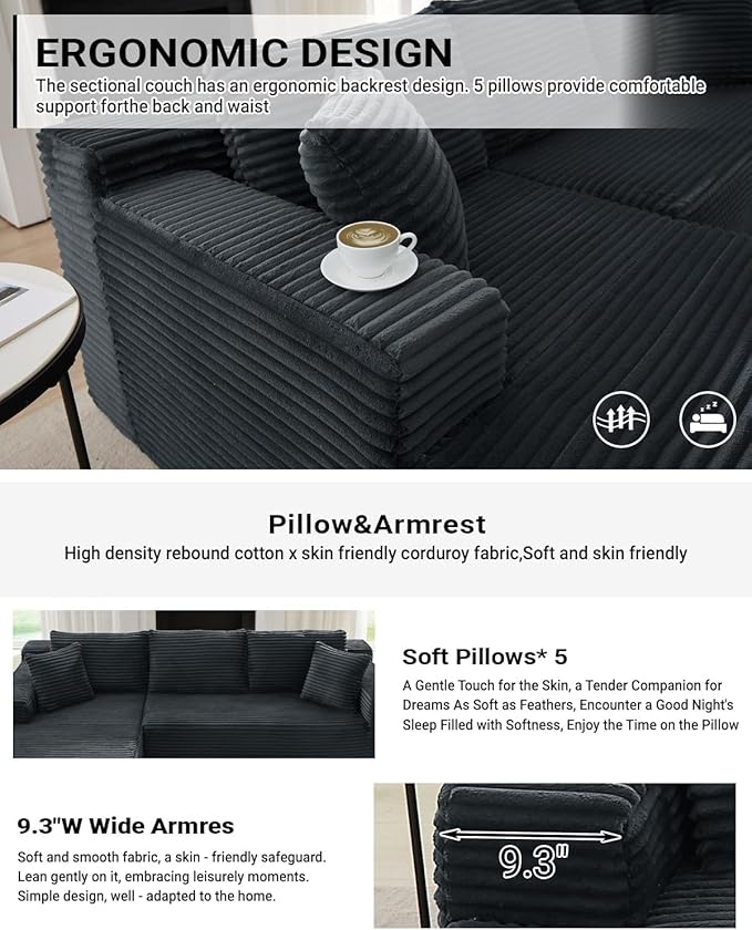 Vanress Cloud Couch Sectional, Corduroy Boneless Couch with L-Shape Chaise, Modern Modular Sectional Sofa Comfy Deep Seat for Living Room, Bedroom, No Assembly (Dark Grey, Left Facing Chaise)