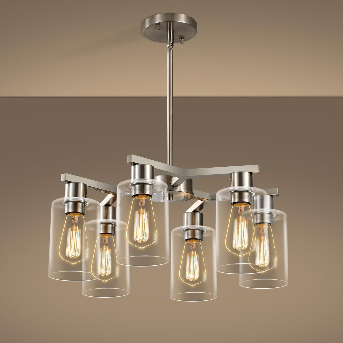 Kvaeavn 6-Light Modern Farmhouse Brushed Nickel Chandelier, Dining Room Light Fixture Over Table Adjustable Height Hanging Industrial Pendant Lights Kitchen Island, Clear Glass Shade