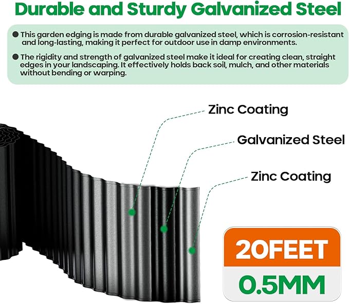 Camitlli Corrugated Metal Garden Edging, Sturdy Tall Landscape Edging Borders, Perfect DIY for Flower Beds, Lawn and Pathway, Tree Surrounds, Paver Edges (Black, 8"×20FT)
