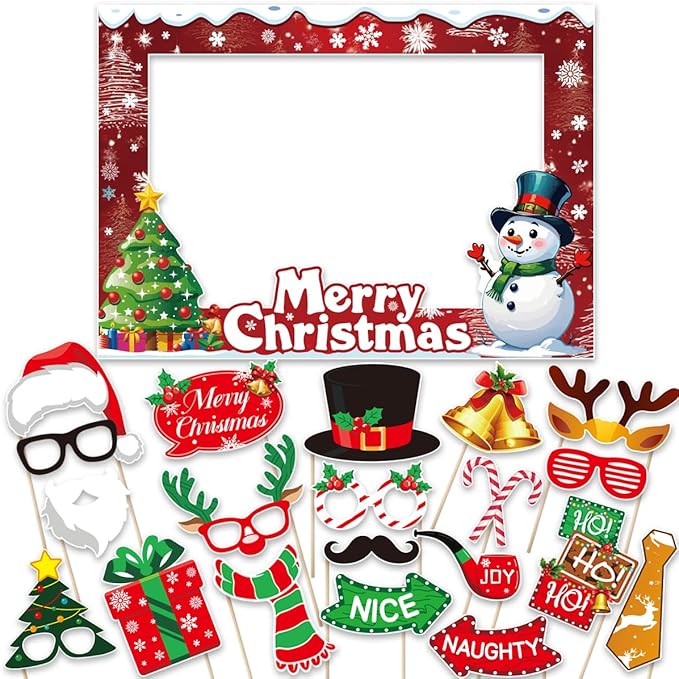 Christmas Photo Booth Props Party Decorations with Photo Frame, Christmas Party Selfie Accessories for Xmas Holiday Party ...
