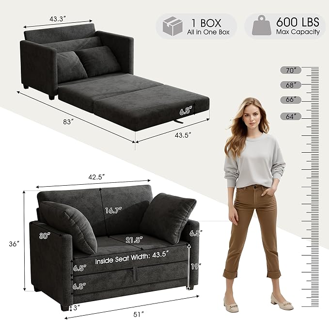 kakuboohi 51" Loveseat Sleeper Sofa Bed, Chenille Convertible Floor Sofa Bed for Small Spaces, Folding Couch Bed with Deep Seat, 2 Pillows & Solid Frame, Pull Out Floor Couch for Living Room, Black