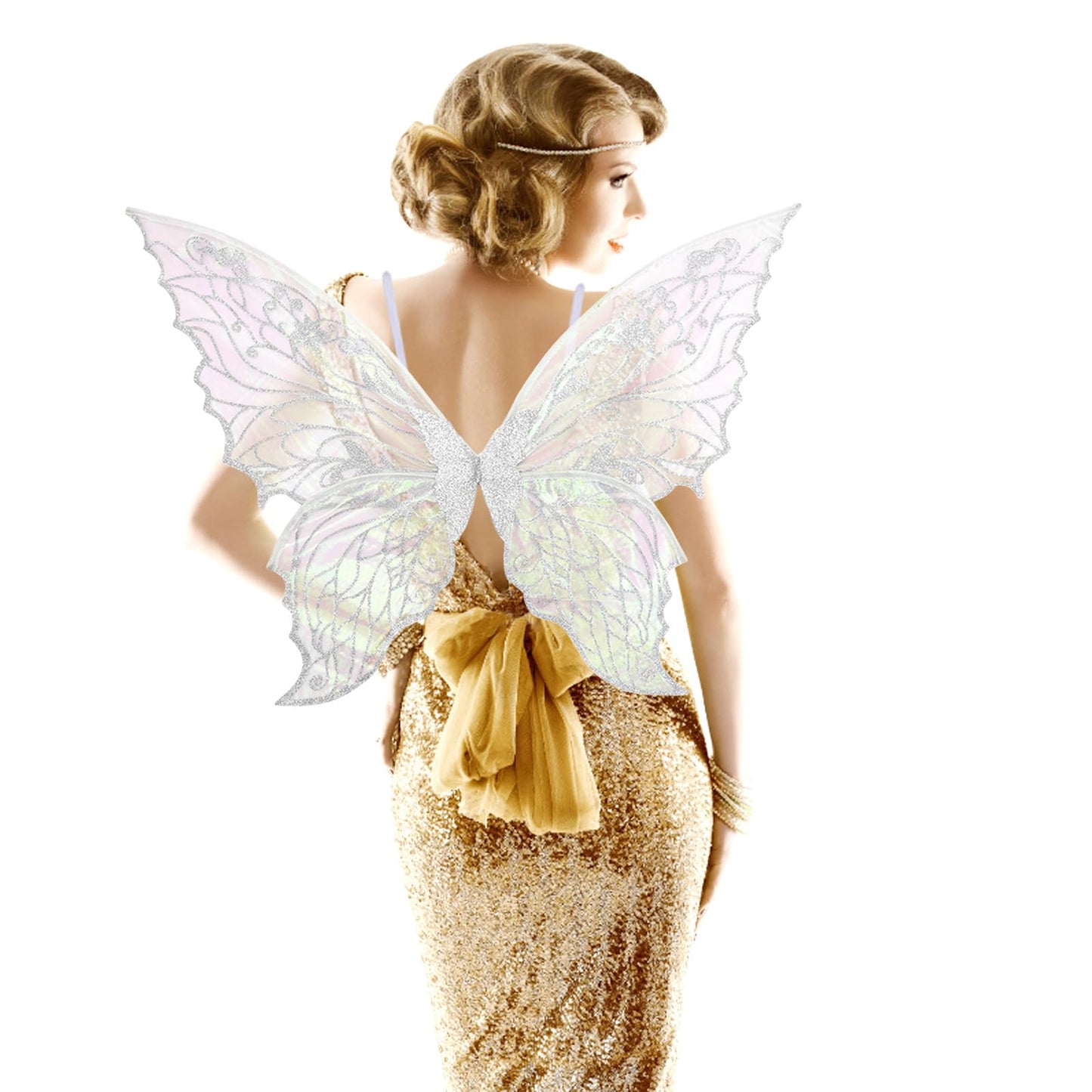 Glodecart Fairy Wings Costume for Women Girls, White Sparkling Butterfly Fairy Wings for Girls Adults Holiday Party，Sheer Princess Elf Butterfly Costume for Dress Up Women Fairy Cosplay Accessories