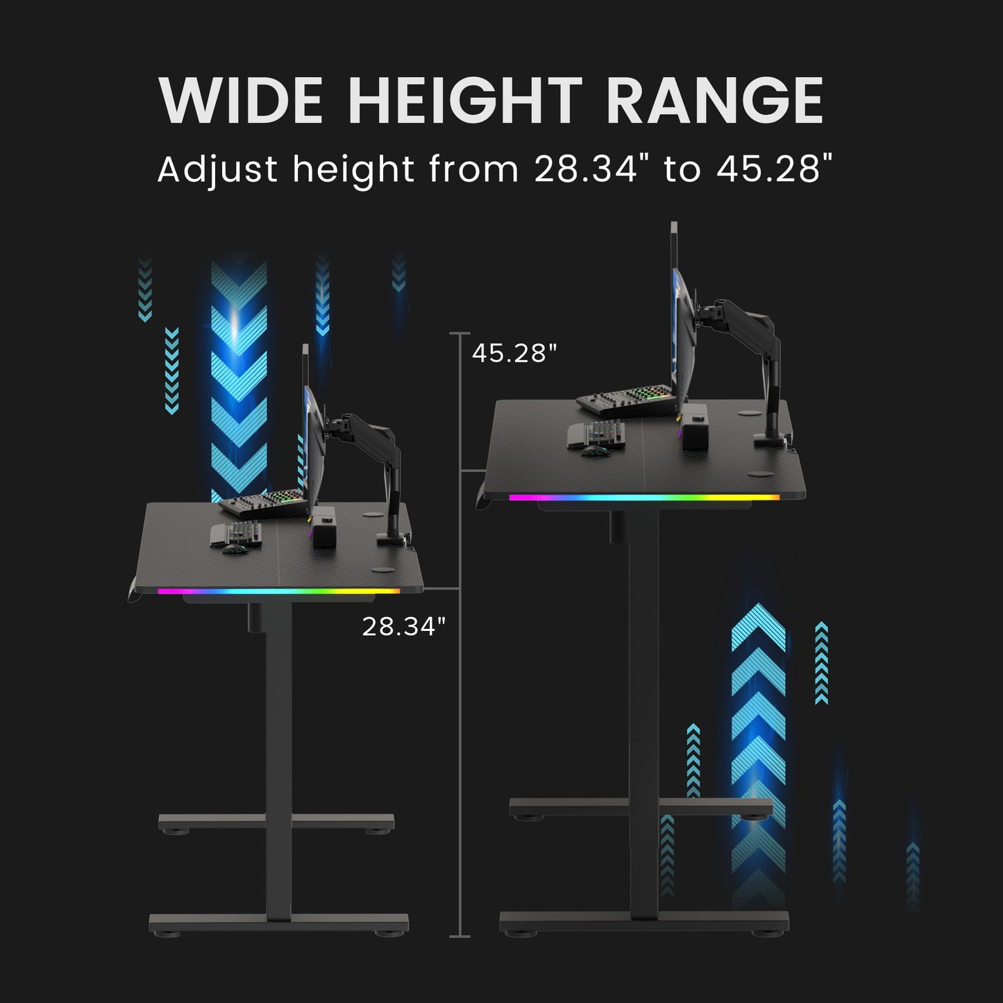 GTPLAYER Electric Standing Desk, Height Adjustable Gaming Desk - Computer Desk with LED Lights, Mouse Pad, Home Office Desk, Pure Black