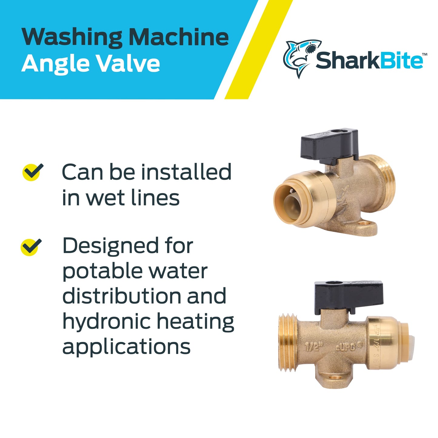 SharkBite 1/2 Inch x 3/4 Inch MHT Washing Machine Angle Valve, Push To Connect Brass Plumbing Fitting, PEX Pipe, Copper, CPVC, PE-RT, HDPE, 25560LF