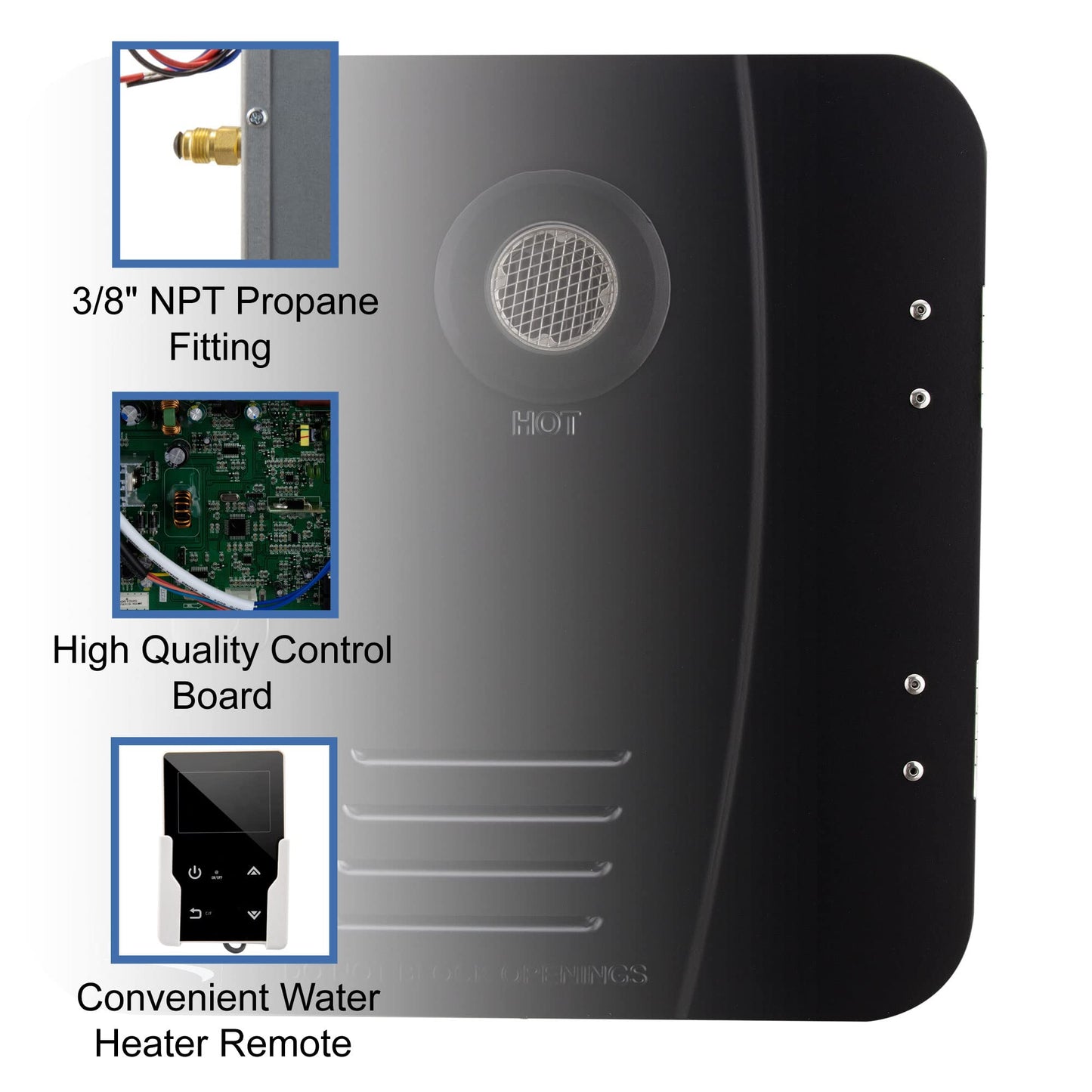 RecPro RV Tankless Water Heater | On Demand Hot | 42,000 BTU | Gas Water Heater | Remote Control Included (15" x 15" Door Size, Black)