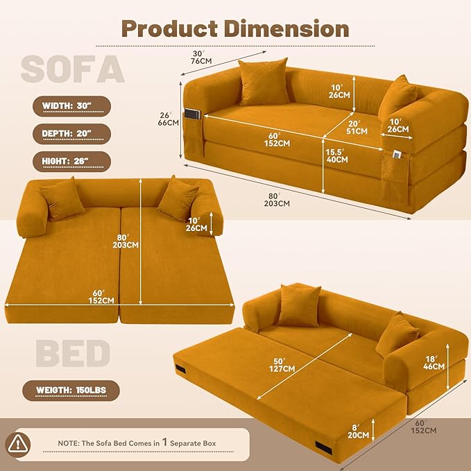 GJQ 80" Convertible Sofa Bed,Corduroy Folding Sleeper Sofa Bed Queen with Pillows & Storage,Modular Pull Out Couches Boneless Couch for Living Room,Compressed Couch in a Box,Yellow