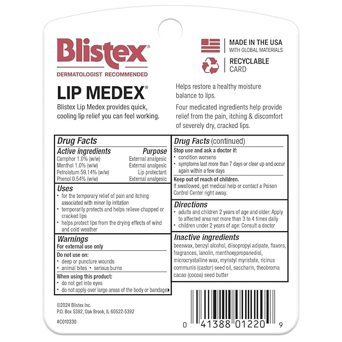 Blistex Lip Medex, 0.25 Ounce, 3 Count, Medicated Relief with Immediate Cooling, Soothes and Protects, Advanced Hydration, Restores Healthy Moisture Balance to Lips, 1 Pack