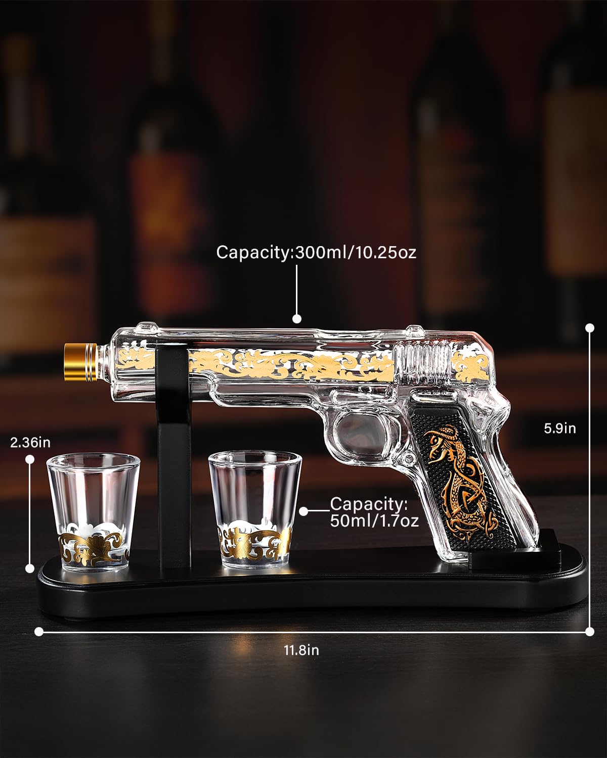 Handcrafted Gun Whiskey Decanter Set -Luxury Lead-Free Glass, Unique Non-Alcoholic Gift for Men, Husbands &Bourbon Lovers, Man Cave & Home Bar Decor with 2 Glasses by VYLPM