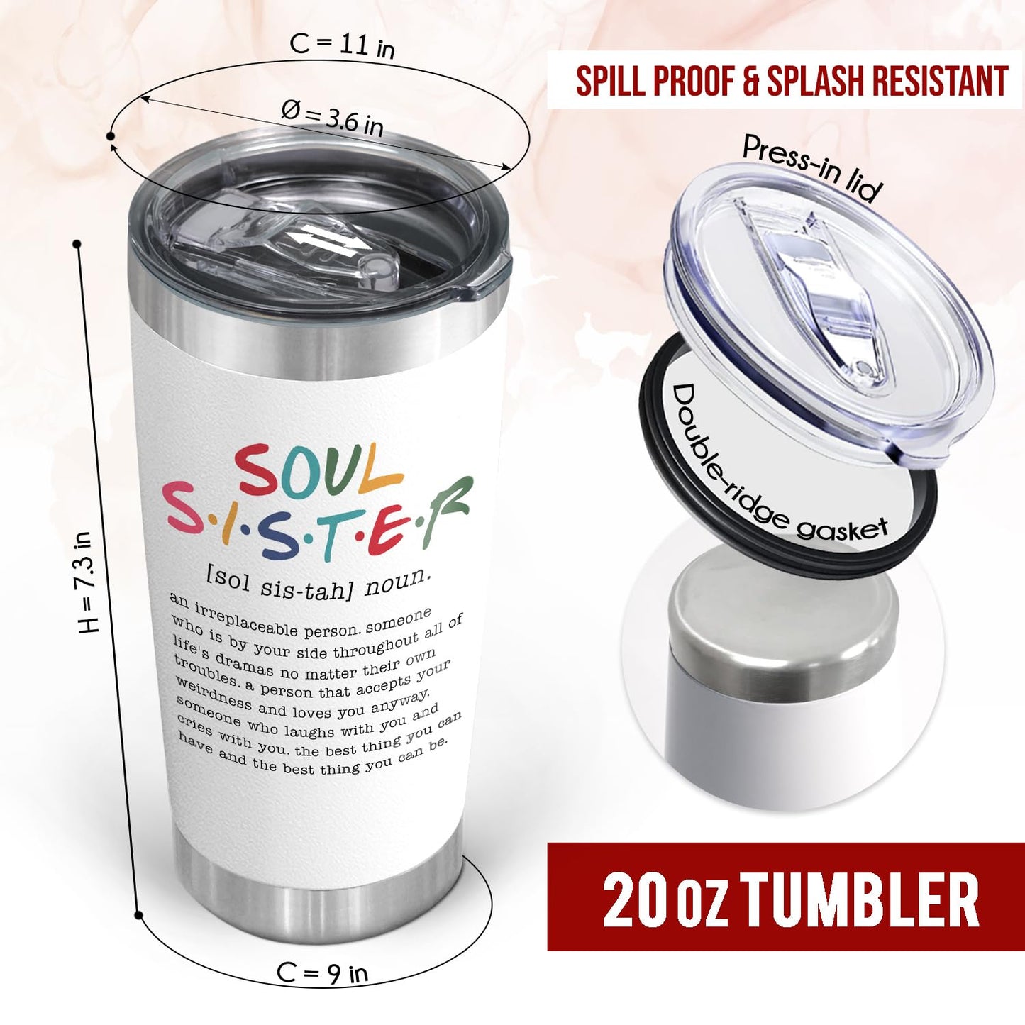 TEEZWONDER Friendship Gifts for Women - Soul Sister Stainless Steel Insulated Coffee Tumbler with Lid 20 oz - Mothers Day Birthday Gifts for Friendship Women Friend BFF Female Work Bestie Coworkers