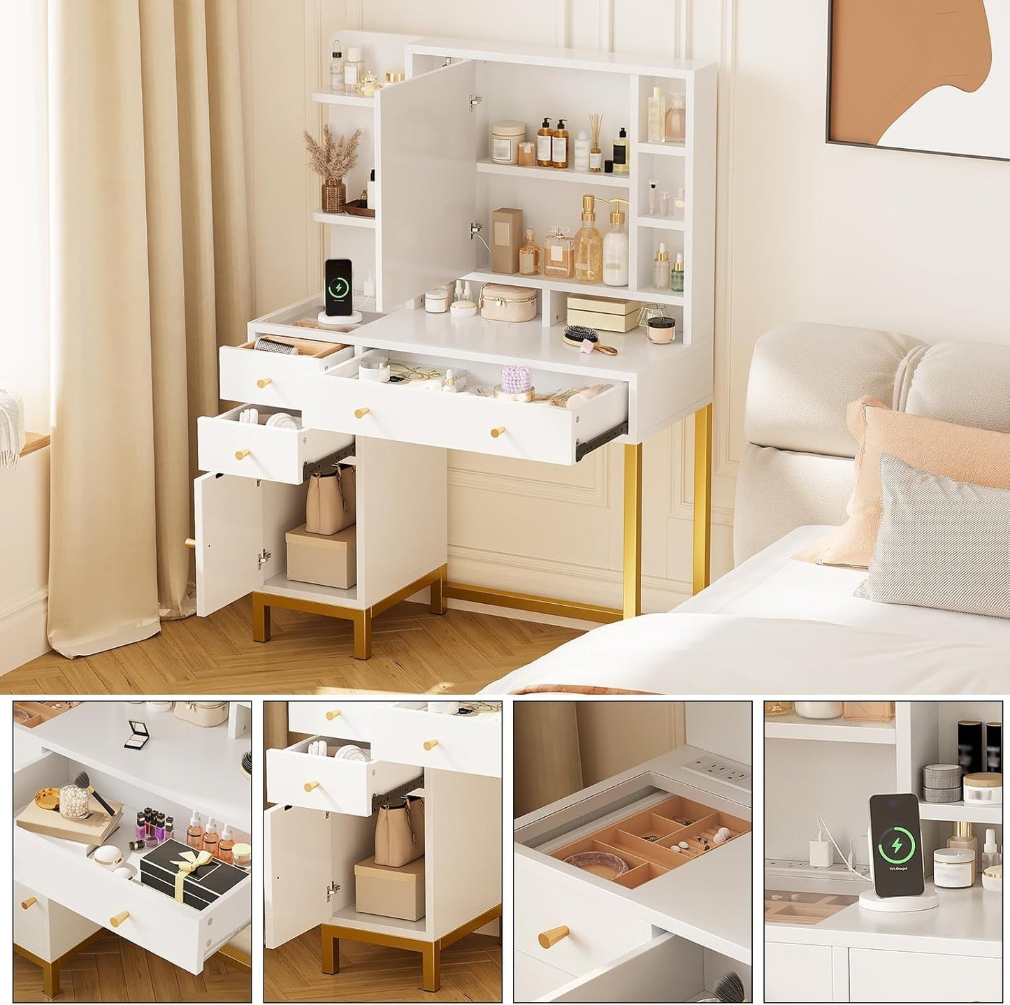 Garvee White Vanity Desk with Mirror and Lights, Glass Top Makeup Vanity White and Gold Dressing Table with Charging Station Large Vanity Desk with 3 Drawers, 3 Color Lighting Modes for Women Girl
