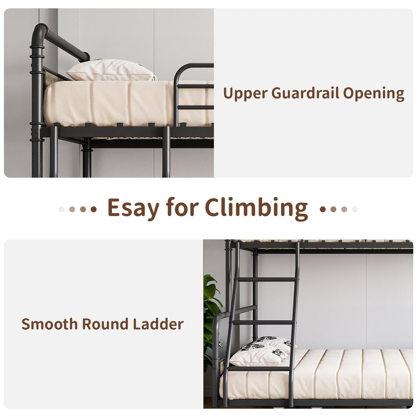 GarveeHome Metal Bunk Bed Twin Over Full Size with Angled Ladder, High Guardrail, Heavy Duty Bunk Bed Frame with Metal Slats, Smooth Rounded Edges, for Kids, Teens, Adults, Black+Grey