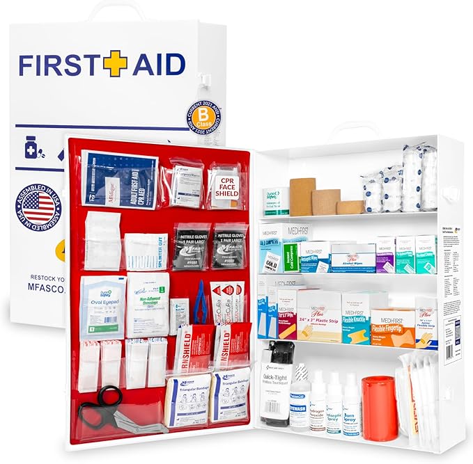 MFASCO 4 Shelf Commercial First Aid Kit, Type I & II, 2021 OSHA Approved,ANSI Z308.1-2021 Compliant, 528 pcs Latex-Free, W...