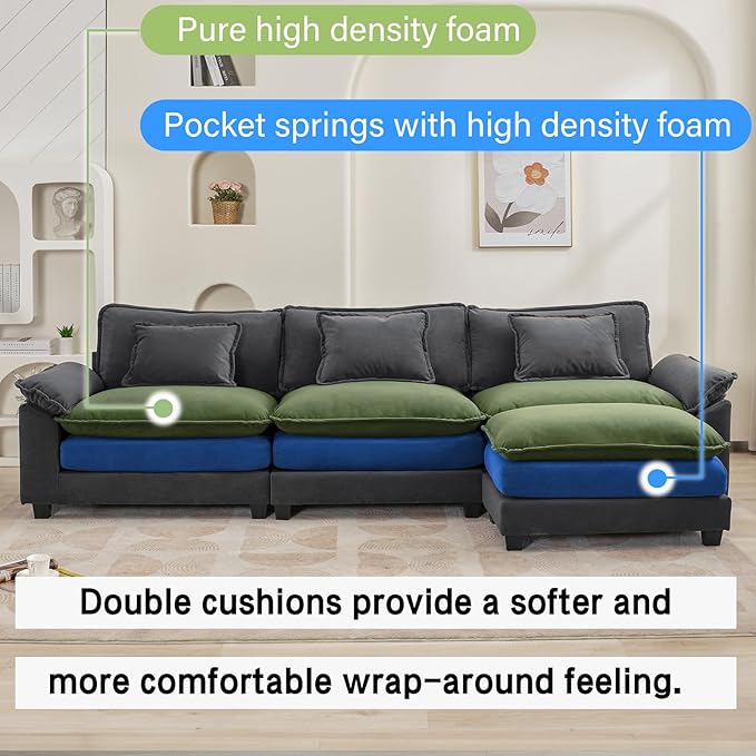 Oprisen 120" Modular Sectional Sofa, Comfy Cloud Couch Sectional Sofa with Ottoman, Velvet Sofa Sleeper Deep Seat Sofa with Throw Pillows for Living Room (Blue Gray, 120"- L Shape)