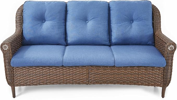 ACTREST Patio Couch Outdoor Wicker Sofa - Heavy Duty All-Weather Brown Rattan 3-Seater with High Back and Comfortable Thick Cushions for Garden Back Porch Poolside Apartment - Navy Blue