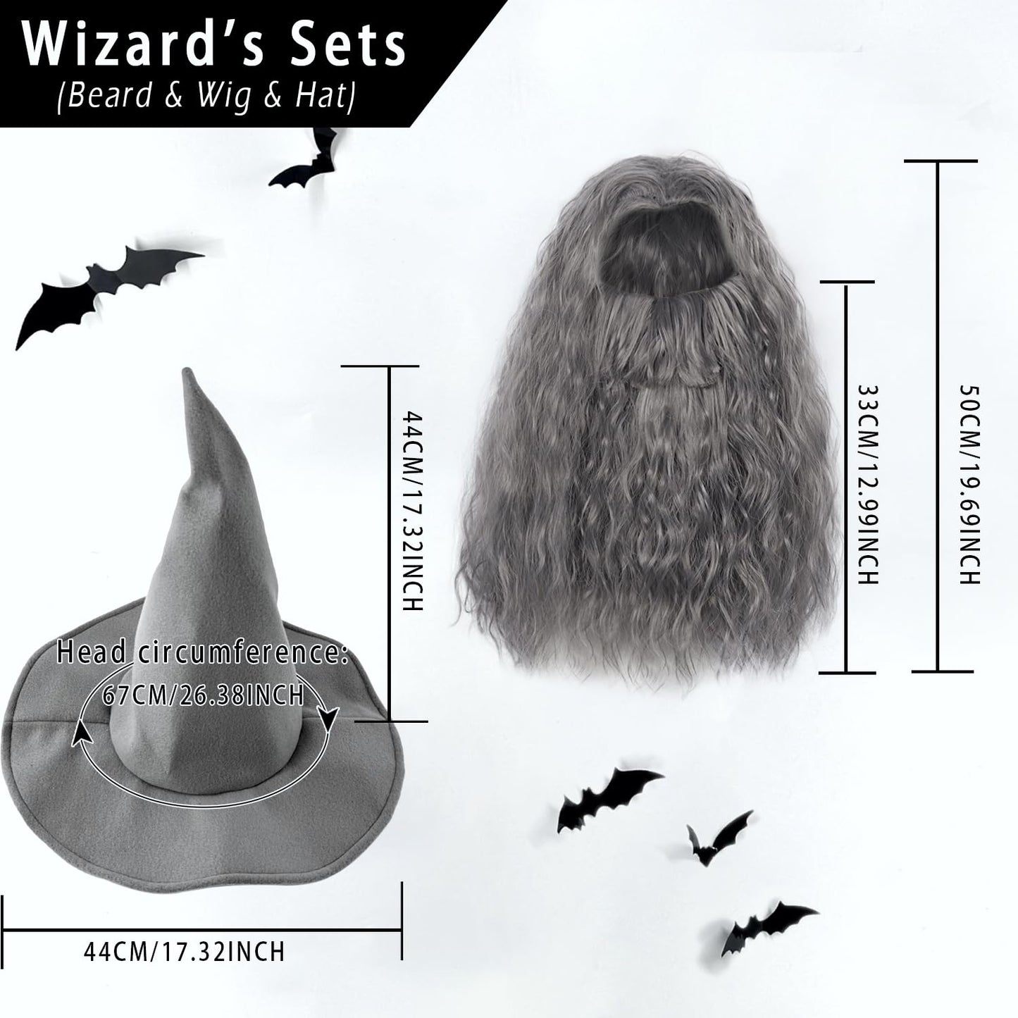 Joukavor Wizard Hat Beard and Wig Costume Accessory for Adults Halloween Cosplay (Grey)