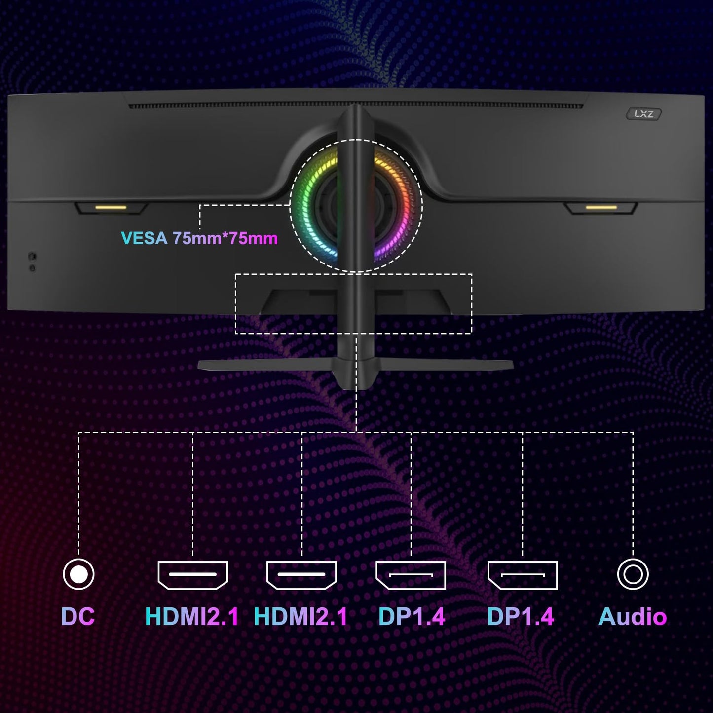 LXZ 49.5" Curved Gaming Monitor, 5120x1440 DQHD Ultrawide 32:9, 165Hz, 1ms MPRT, AMD FreeSync Premium, Height/Pivot/Swivel Adjustable, HDMI 2.1 & DP 1.4, VESA 75×75mm Mount Compatible