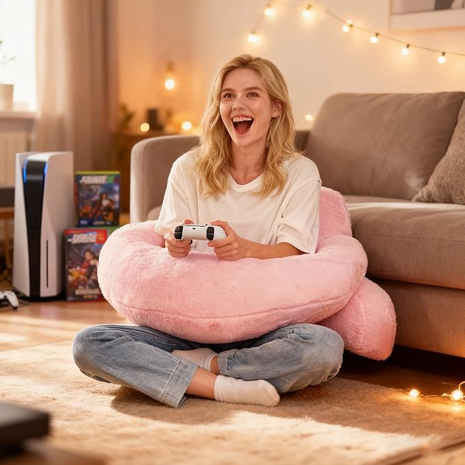PAJEO Reading Pillow for Bed,U Shaped & Back Support Pillow for Bed,17" Backrest with Lumbar & Arm Support,Luxurious Faux Rabbit Fur,Gaming PillowFor Crochet/Reading/Watching TV,Pink