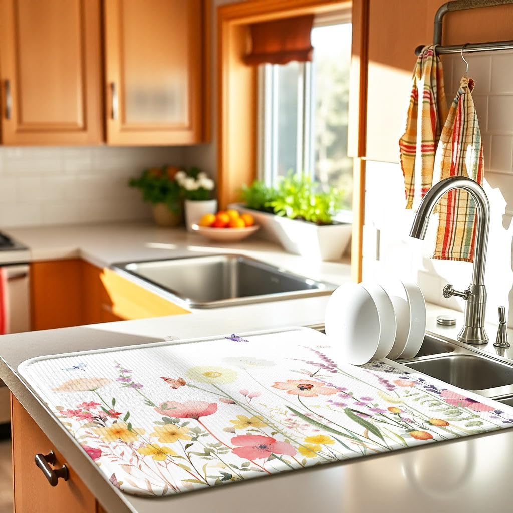 Floral Spring Small Dish Drying Mat for Kitchen Counter 16''x18''Microfiber Absorbent - Foldable, Quick-Dry, Non-Slip, Compact Kitchen Drying Pad for Dishes, Countertops, and Cookware