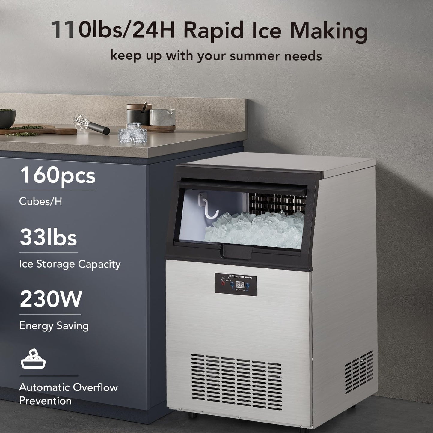 GARVEE Commercial Ice Maker, Creates 110 LBS in 24H, Commercial Ice Machine with 33 LBS Ice Storage Capacity, Ice Maker Machine with Auto Self-Cleaning, Each Tray Can Make 40 Pieces of Ice.