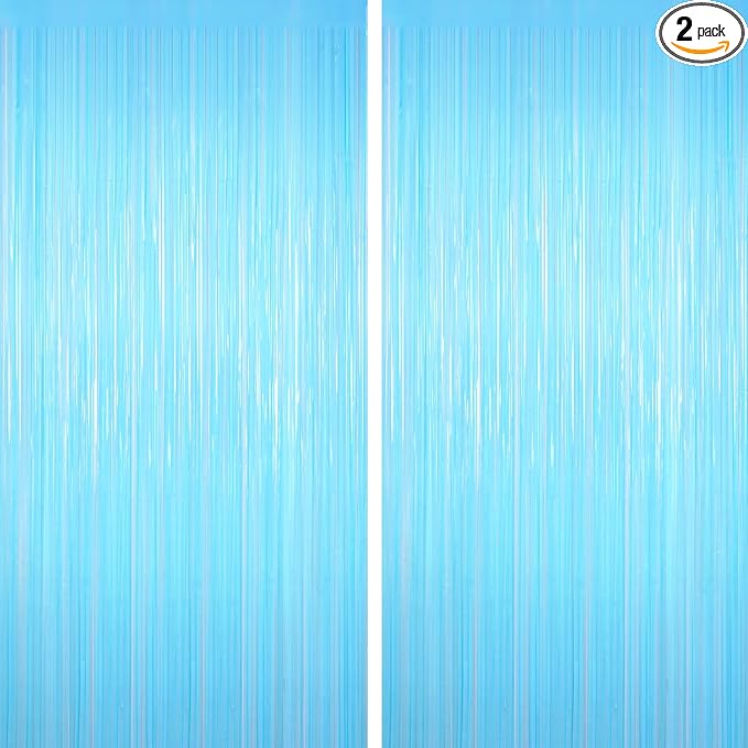 Macaron Light Blue Tinsel Backdrop Foil Fringe Curtains - 2 Packs Door Streamers Backdrop for Birthday Door Decorations, P...