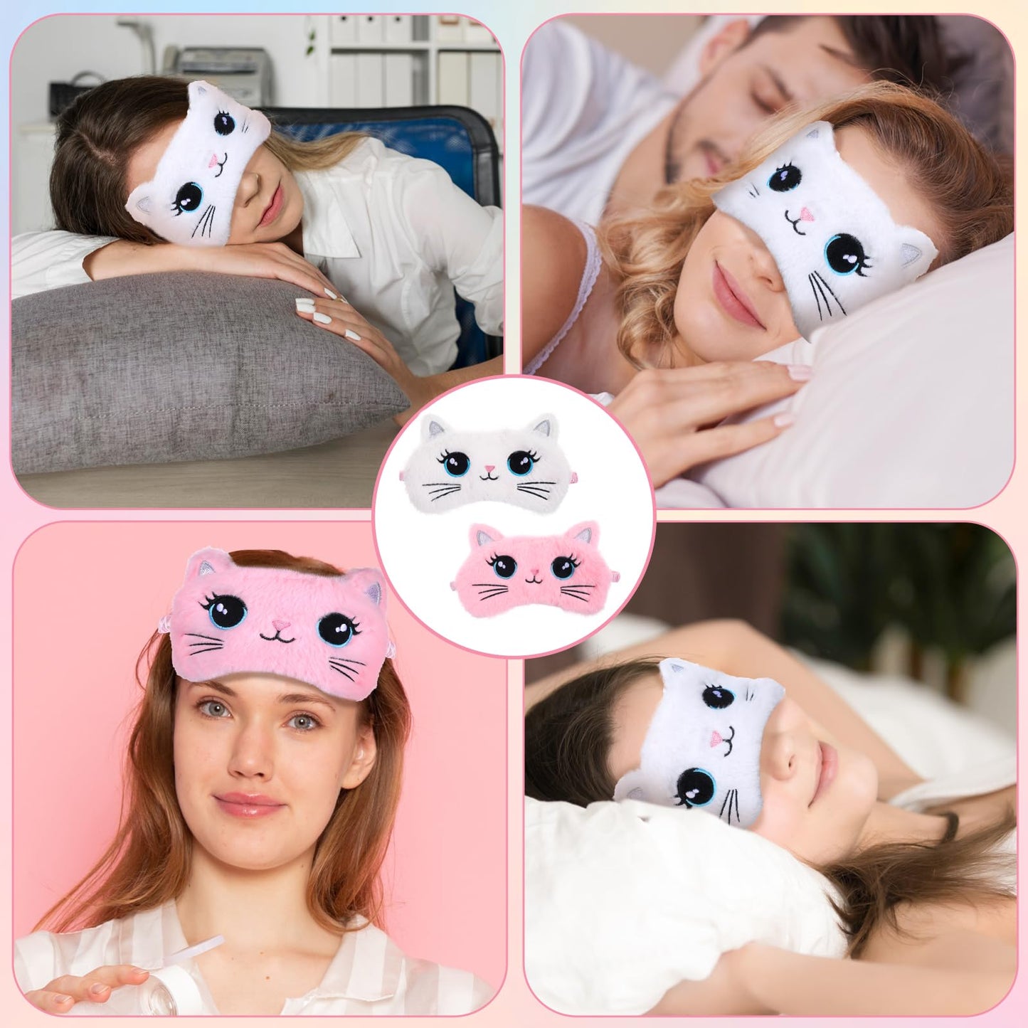 Kids Sleep Mask, 2 Pcs Cute Cat Sleeping Eye Mask Soft Plush Girls Sleep Masks Comfortable Funny Animal Night Eye Masks for Sleeping Blindfold Eye-Cover for Women Girls Home Travel (Pink, White)