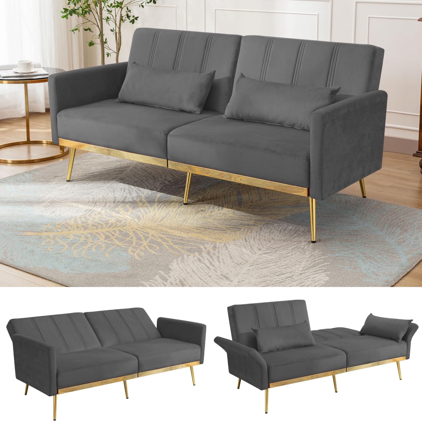 dannratch 70'' Futon Sofa Bed Velvet Convertible Sleeper Sofa Tufted Couch Bed with Adjustable Armrests and Backrest, Modern Loveseat Sleeper Bed with 2 Bolster Pillows for Living Room, Bedroom, Grey