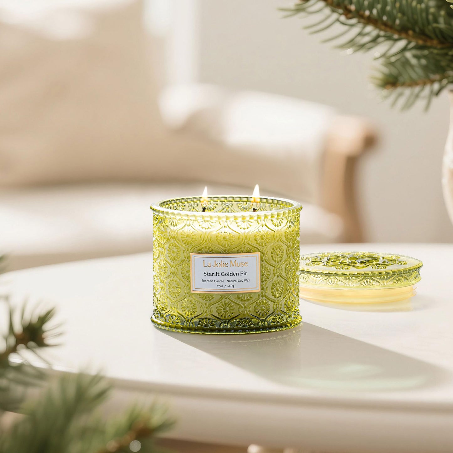 LA JOLIE MUSE Fir & Cedarwood Candle, Christmas Candles for Home Scented, Large 2-Wick Soy Candles, Luxury Jar Candle Gifts for Women & Men, 60 Hours Long Burning, Starlit Golden Fir, 12oz