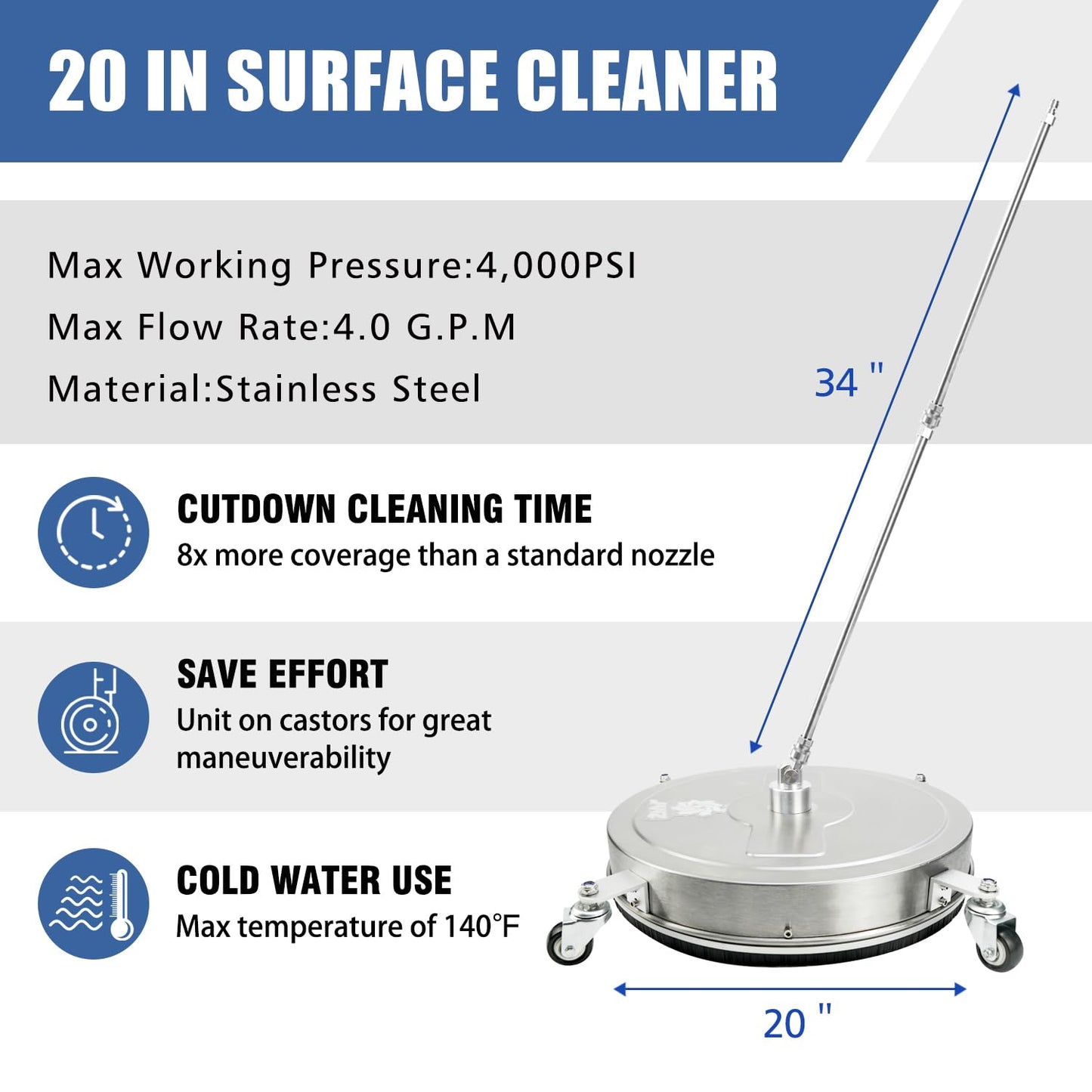 JANZ 20'' Pressure Washer Surface Cleaner with 4 Wheels, Stainless Steel Housing, 1/4" Quick Plug, 2 Extension Wands, 2 Replacement Nozzles and 3 Spray Nozzles, 4000 PSI