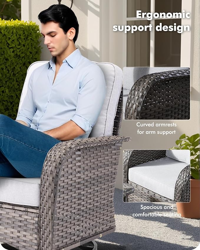 CAODOC 5 Pieces Patio Furniture Set,Outdoor Furniture with Rockers, Rattan Conversation Sets w/Coffee Table, Grey Wicker Light Grey Cushion