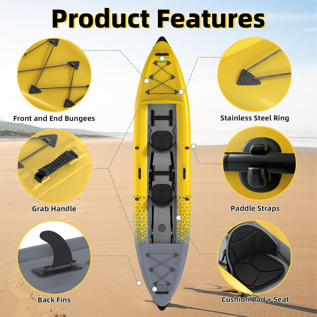 Danrelax 2-Person Inflatable Kayak for Adults, Heavy-Duty PVC, Drop-Stitch Floor, Lightweight, Portable, and Durable Tandem Kayak for Fishing, Touring, and Water Sports, Yellow