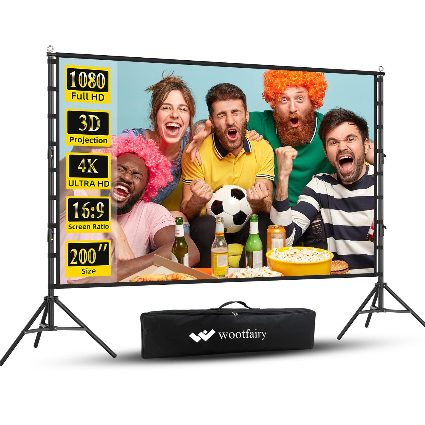 Wootfairy Projector Screen with Stand, 200 inch Portable and Foldable Projection Screen 4K HD 16:9 Rear Front Wrinkle-Free Movie Screen with Carry Bag for Indoor Outdoor Home Theater Backyard Cinema
