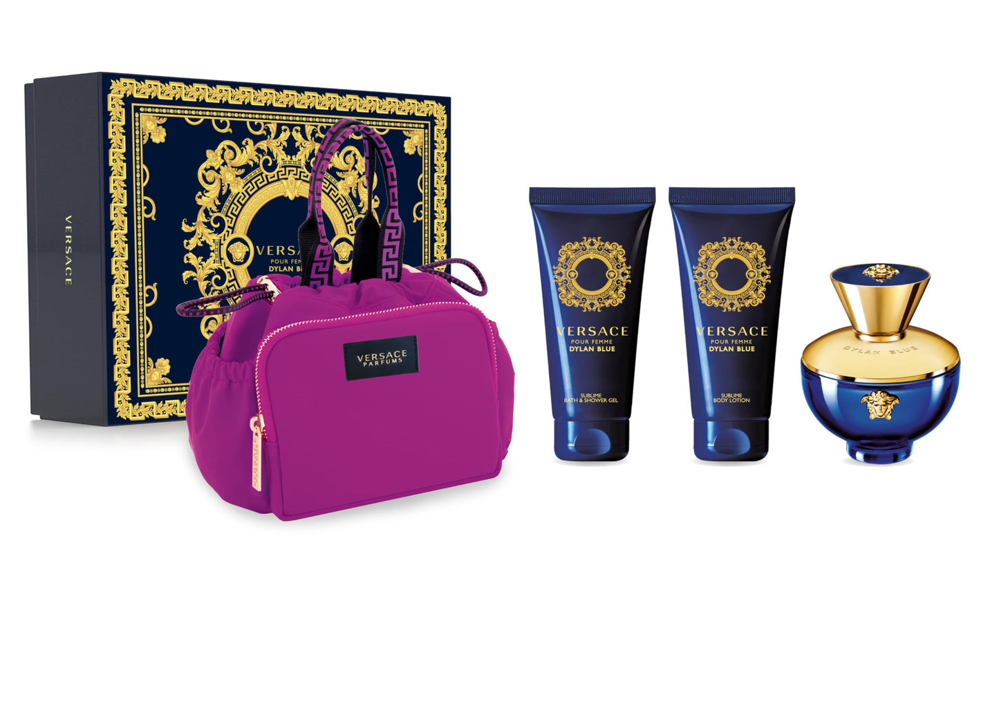 Versace Dylan Blue for Women - 4 Pc Gift Set - 3.4oz EDP Spray, Sublime Body Lotion, Bath and Shower Gel - Makeup Case