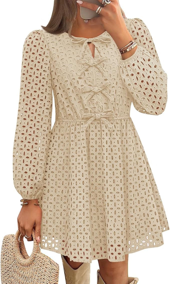 ZESICA Women's Long Sleeve Mini Dress 2026 Fall Crewneck Tie Front Hollow Out Eyelet Babydoll A Line Short Dresses