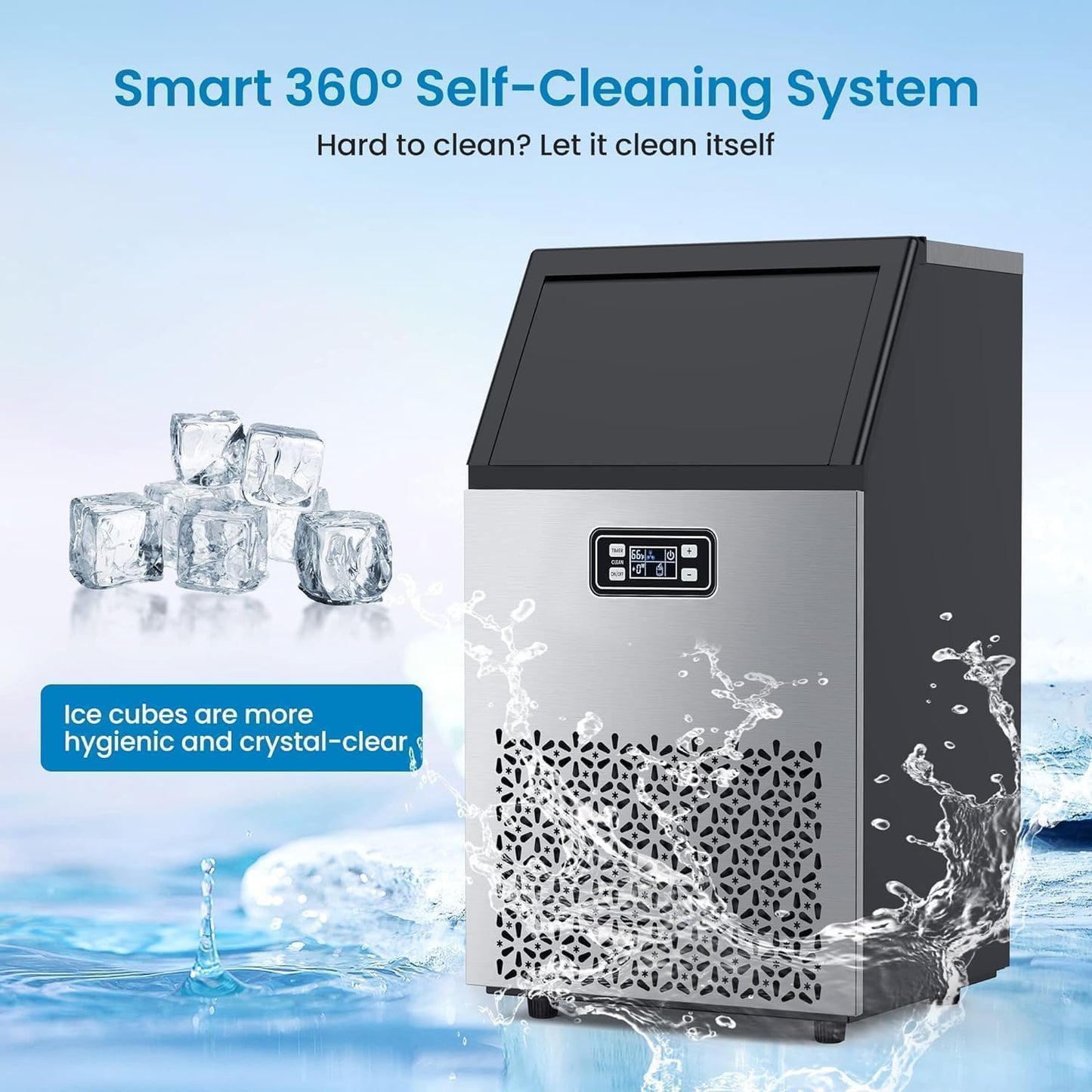 Dainslef Commercial Ice Maker Machine - 110LBS/24H Ice Production, 33LBS Storage, Stainless Steel, Self-Cleaning, 66 Ice Cubes in 5-15 Mins, Freestanding/Undercounter